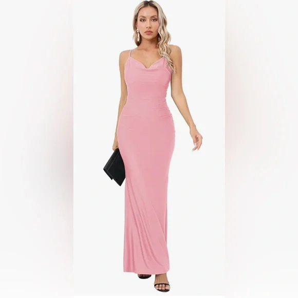 Capuffy women’s Pink Drape Neck Maxi Dress. - Picture 2 of 6